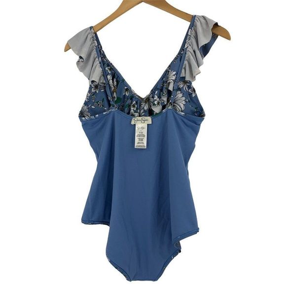 Jessica Simpson L Large One Piece Swimsuit Blue Daisy Ruffle V-neck Lined 0323 - Picture 6 of 8